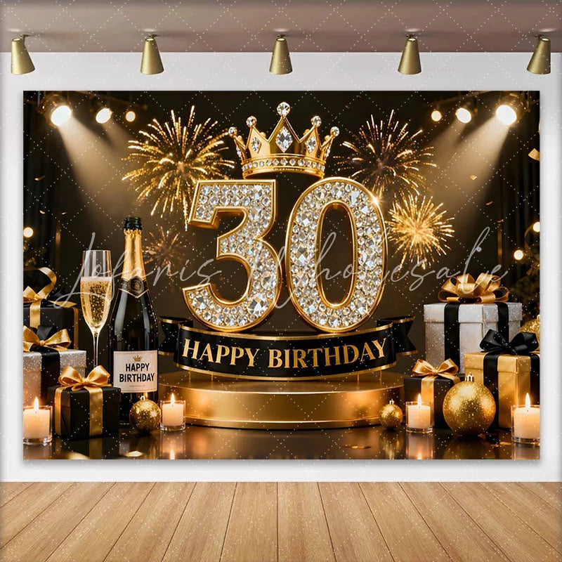 Lofaris Gold Crown 30th Happy Birthday Backdrop Champagne Gifts Diamond Number Black Gold Party Background