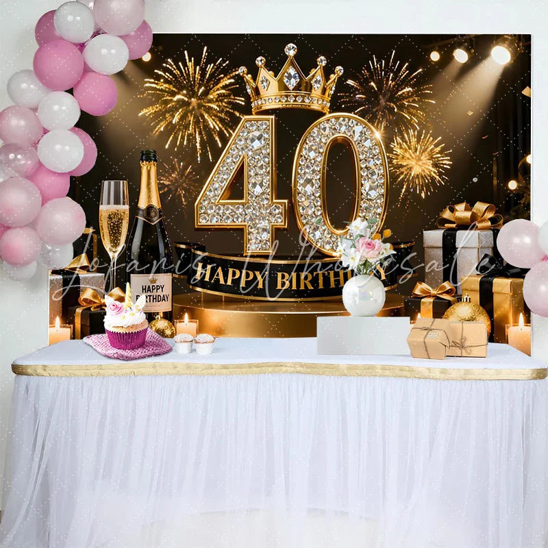 Lofaris Gold Crown 40th Happy Birthday Backdrop Champagne Gifts Diamond Number Black Gold Party Background