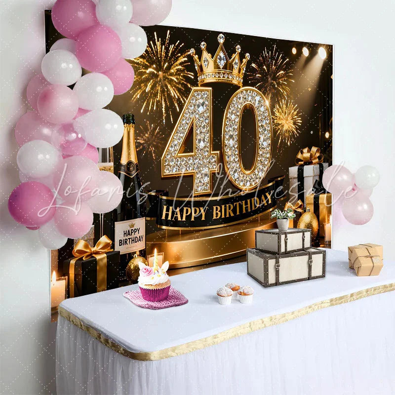 Lofaris Gold Crown 40th Happy Birthday Backdrop Champagne Gifts Diamond Number Black Gold Party Background