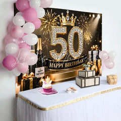 Lofaris Gold Crown 50th Happy Birthday Backdrop Champagne Gifts Diamond Number Black Gold Party Background