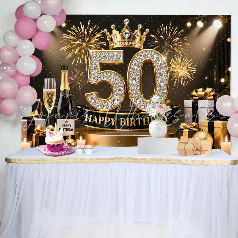 Lofaris Gold Crown 50th Happy Birthday Backdrop Champagne Gifts Diamond Number Black Gold Party Background