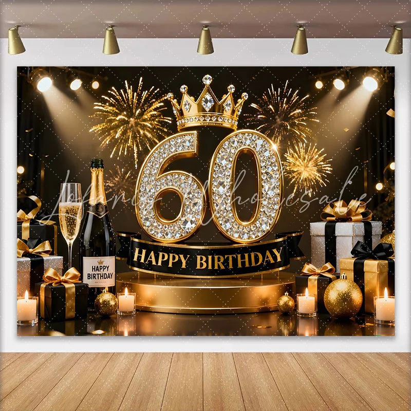Lofaris Gold Crown 60th Happy Birthday Backdrop Champagne Gifts Diamond Number Black and Gold Party Photography Background Decor