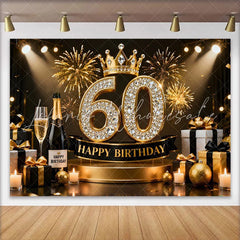 Lofaris Gold Crown 60th Happy Birthday Backdrop Champagne Gifts Diamond Number Black and Gold Party Photography Background Decor