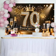 Lofaris Gold Crown 70th Happy Birthday Backdrop Champagne Presents Diamond Number Black and Gold Party Photography Background
