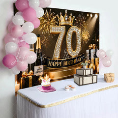Lofaris Gold Crown 70th Happy Birthday Backdrop Champagne Presents Diamond Number Black and Gold Party Photography Background