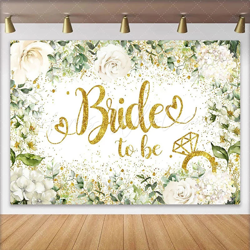 Lofaris Gold Glitter Bride to Be Backdrop White Floral and Eucalyptus Background for Wedding Bridal Shower