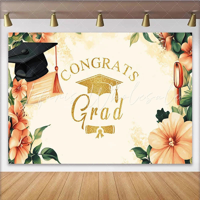 Lofaris Gold Glitter Congrats Grad Graduation Backdrop with Watercolor Flowers Elegant Party Decor for Photoshoot