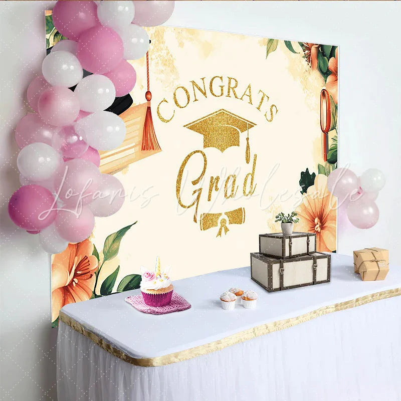 Lofaris Gold Glitter Congrats Grad Graduation Backdrop with Watercolor Flowers Elegant Party Decor for Photoshoot