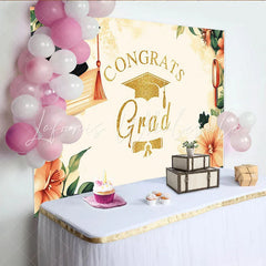Lofaris Gold Glitter Congrats Grad Graduation Backdrop with Watercolor Flowers Elegant Party Decor for Photoshoot