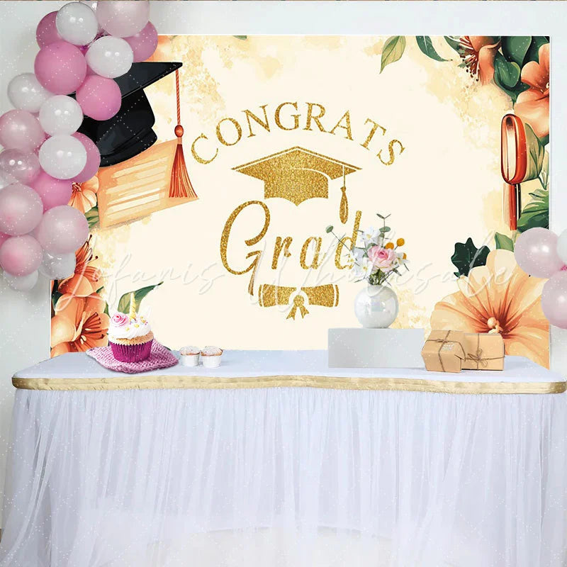 Lofaris Gold Glitter Congrats Grad Graduation Backdrop with Watercolor Flowers Elegant Party Decor for Photoshoot