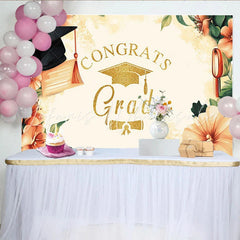 Lofaris Gold Glitter Congrats Grad Graduation Backdrop with Watercolor Flowers Elegant Party Decor for Photoshoot