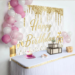 Lofaris Gold Glitter Happy Birthday Backdrop with Champagne and Gifts Elegant Quilted Party Decor for Photoshoot