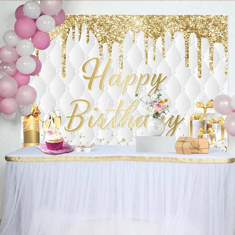 Lofaris Gold Glitter Happy Birthday Backdrop with Champagne and Gifts Elegant Quilted Party Decor for Photoshoot