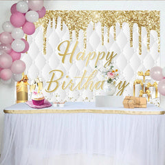 Lofaris Gold Glitter Happy Birthday Backdrop with Champagne and Gifts Elegant Quilted Party Decor for Photoshoot