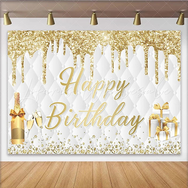 Lofaris Gold Glitter Happy Birthday Backdrop with Champagne and Gifts Elegant Quilted Party Decor for Photoshoot