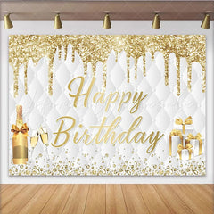 Lofaris Gold Glitter Happy Birthday Backdrop with Champagne and Gifts Elegant Quilted Party Decor for Photoshoot