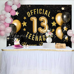 Lofaris Gold Glitter Official 13 Teenager Backdrop Black and Gold 13th Birthday Milestone Party Decoration
