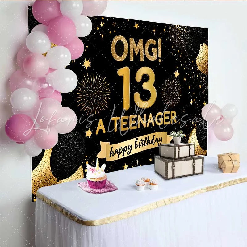 Lofaris Gold Glitter OMG 13th Birthday Backdrop 13 A Teenager Milestone Party Decoration