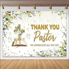 Lofaris Gold Glitter Thank You Pastor Backdrop with Cross and Lilies Religious Appreciation Event Background for Church Decor.