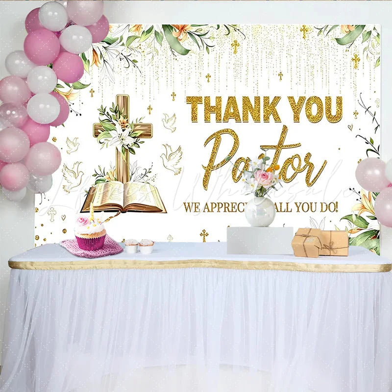 Lofaris Gold Glitter Thank You Pastor Backdrop with Cross and Lilies Religious Appreciation Event Background for Church Decor.