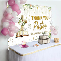 Lofaris Gold Glitter Thank You Pastor Backdrop with Cross and Lilies Religious Appreciation Event Background for Church Decor.