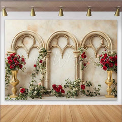 Lofaris Gold Gothic Arch Red Rose Backdrop Floral Vase Wedding Background Valentines Day Photography Prop