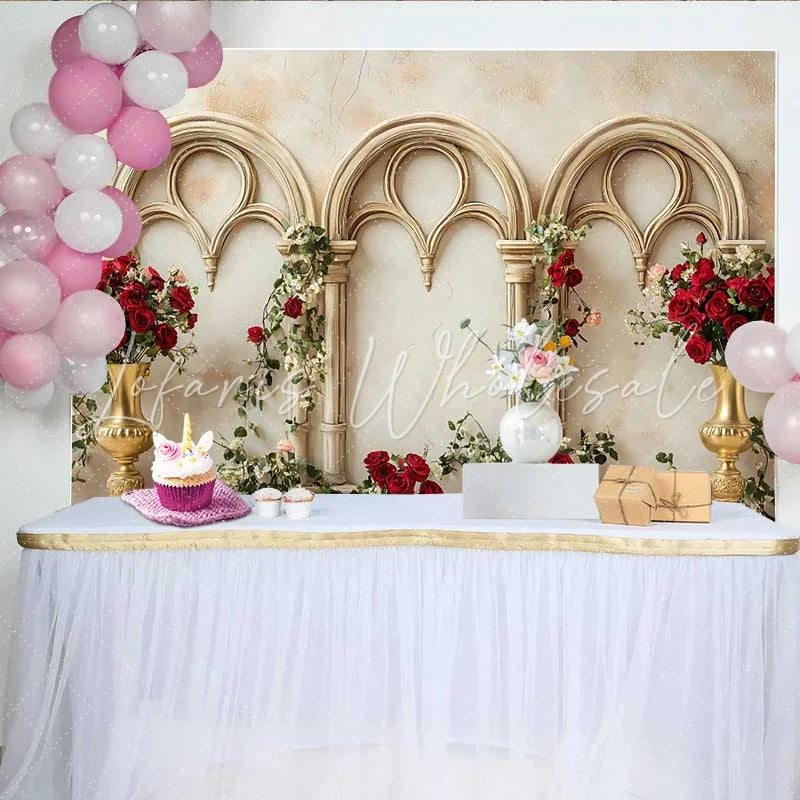 Lofaris Gold Gothic Arch Red Rose Backdrop Floral Vase Wedding Background Valentines Day Photography Prop