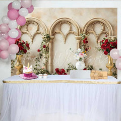 Lofaris Gold Gothic Arch Red Rose Backdrop Floral Vase Wedding Background Valentines Day Photography Prop
