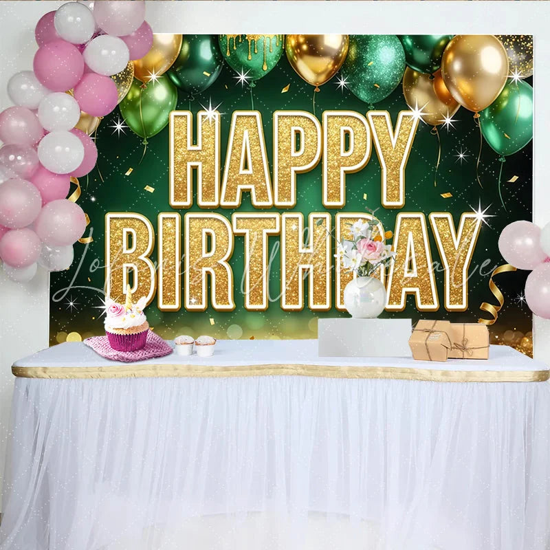 Lofaris Gold Green Glitter Birthday Backdrop with Balloons for Party Decoration Festive Sparkling Photo Booth Background for Photoshoot