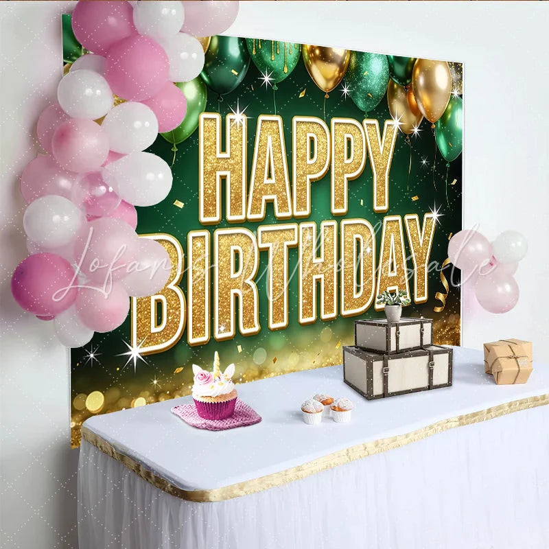 Lofaris Gold Green Glitter Birthday Backdrop with Balloons for Party Decoration Festive Sparkling Photo Booth Background for Photoshoot