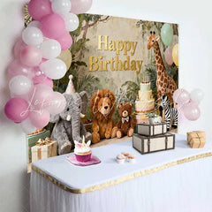 Lofaris Gold Happy Birthday Jungle Safari Animal Backdrop featuring Elephant Lion and Giraffe Kids Party Decor