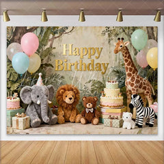 Lofaris Gold Happy Birthday Jungle Safari Animal Backdrop featuring Elephant Lion and Giraffe Kids Party Decor