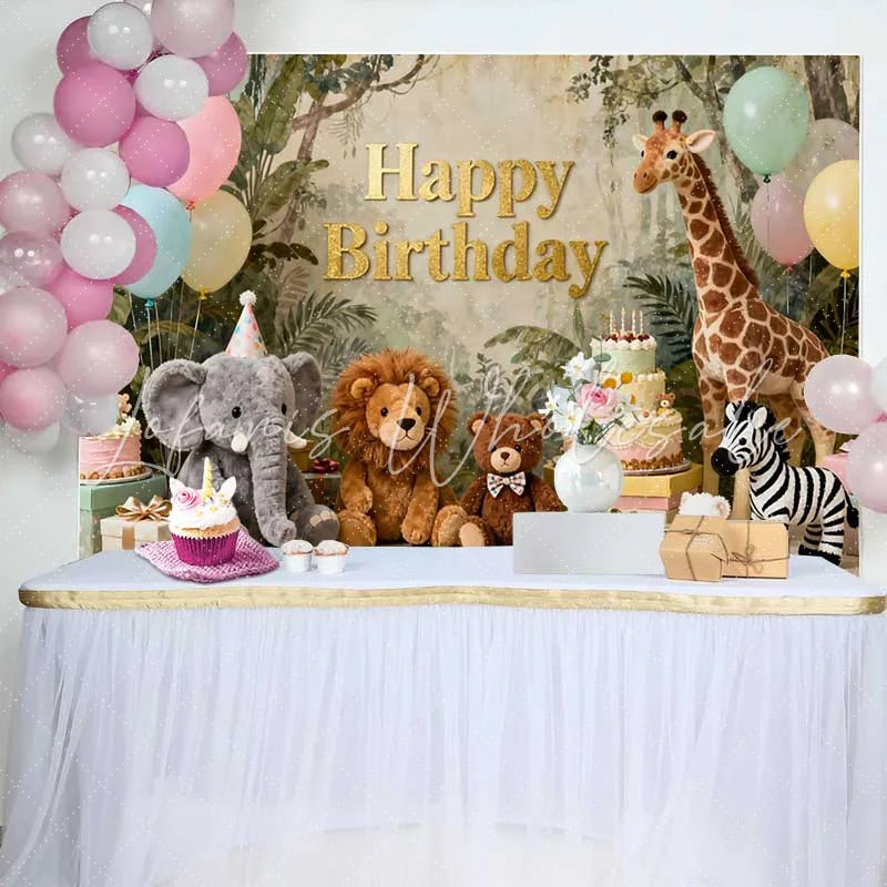 Lofaris Gold Happy Birthday Jungle Safari Animal Backdrop featuring Elephant Lion and Giraffe Kids Party Decor