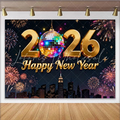 Lofaris Golden 2026 Happy New Year Party Backdrop with Disco Ball and Fireworks New Year’s Eve Celebration Decor