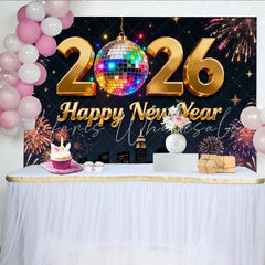 Lofaris Golden 2026 Happy New Year Party Backdrop with Disco Ball and Fireworks New Year’s Eve Celebration Decor