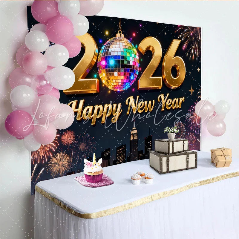 Lofaris Golden 2026 Happy New Year Party Backdrop with Disco Ball and Fireworks New Year’s Eve Celebration Decor