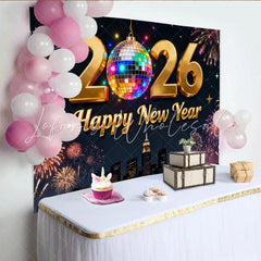 Lofaris Golden 2026 Happy New Year Party Backdrop with Disco Ball and Fireworks New Year’s Eve Celebration Decor