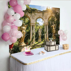 Lofaris Golden Angel and Neptune Statues Garden Photography Backdrop with Stone Arches Lush Greenery Background for Artistic Photoshoot