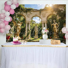 Lofaris Golden Angel and Neptune Statues Garden Photography Backdrop with Stone Arches Lush Greenery Background for Artistic Photoshoot