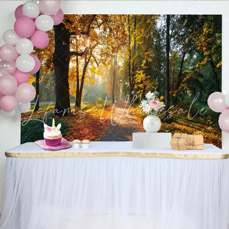 Lofaris Golden Autumn Forest Path Photography Backdrop with Sunlight Natural Scenery Background for Studio Photoshoot
