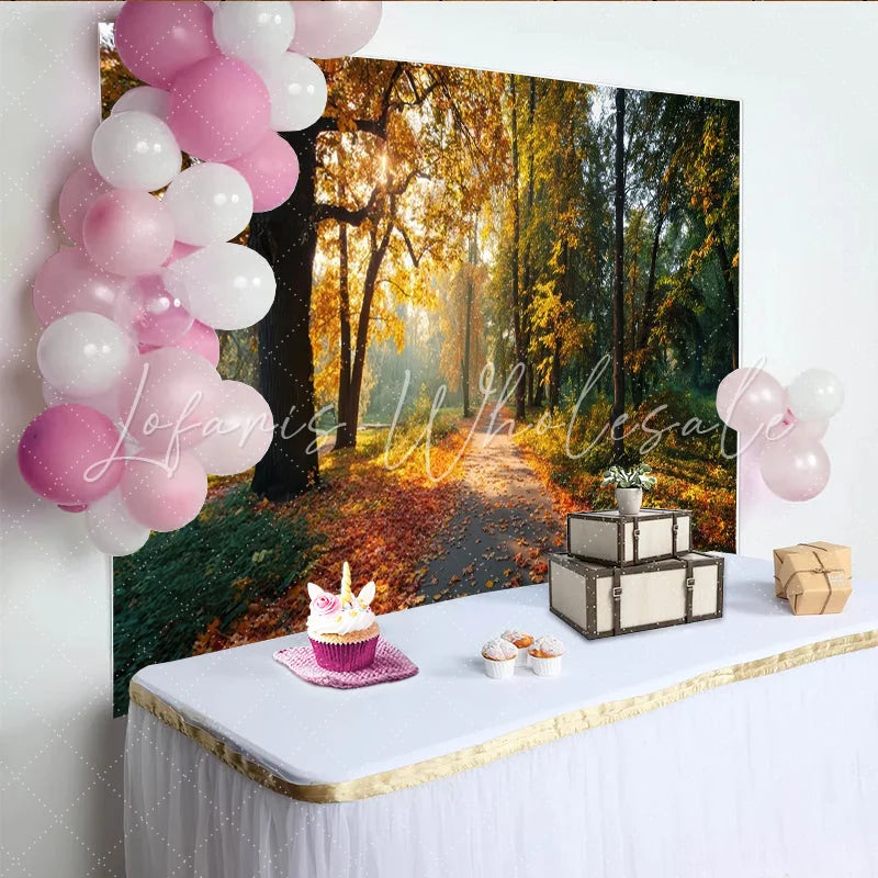 Lofaris Golden Autumn Forest Path Photography Backdrop with Sunlight Natural Scenery Background for Studio Photoshoot