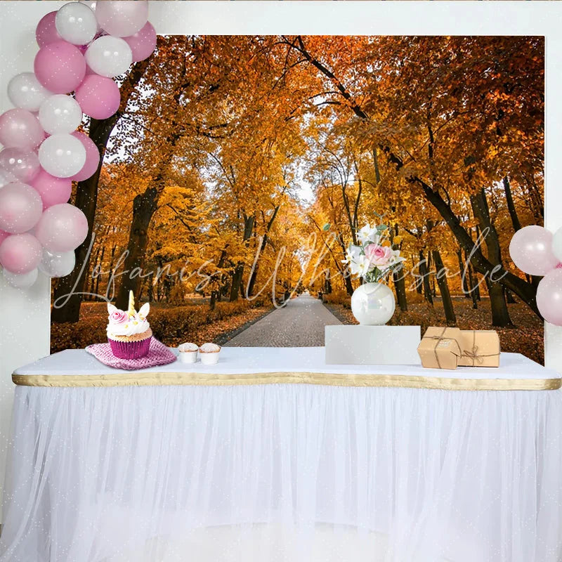 Lofaris Golden Autumn Forest Photography Backdrop with Paved Path Vibrant Natural Scenery Background for Fall Photoshoot