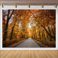 Lofaris Golden Autumn Forest Photography Backdrop with Paved Path Vibrant Natural Scenery Background for Fall Photoshoot