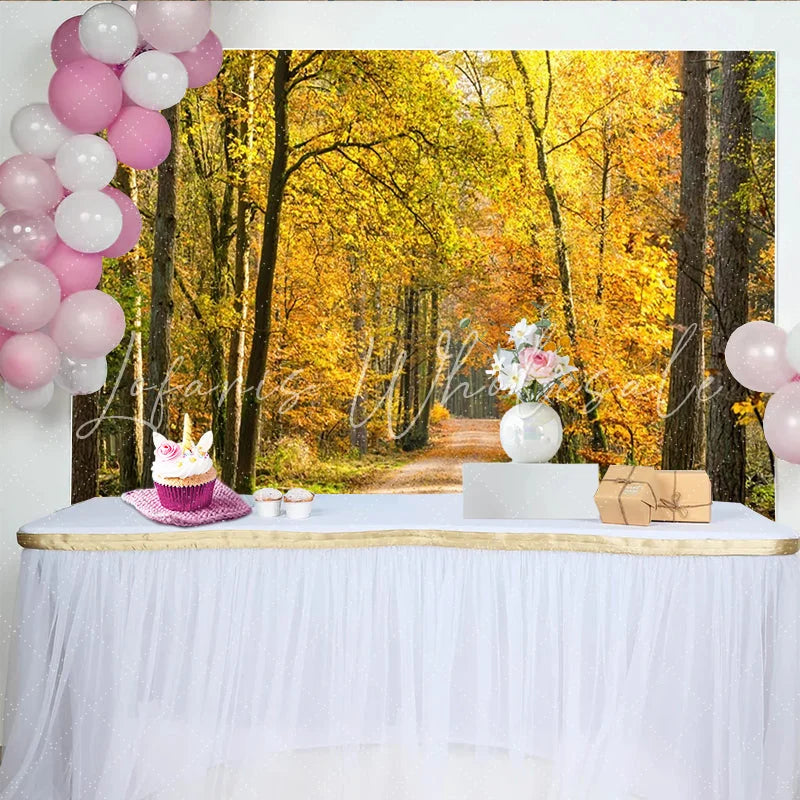 Lofaris Golden Autumn Forest Photography Backdrop with Sunlight Path Vibrant Natural Scenery Background for Studio Photoshoot
