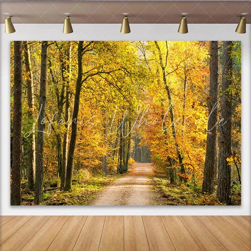 Lofaris Golden Autumn Forest Photography Backdrop with Sunlight Path Vibrant Natural Scenery Background for Studio Photoshoot