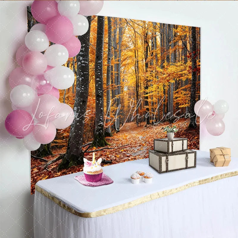Lofaris Golden Autumn Forest Photography Backdrop with Tall Trees and Path Natural Fall Season Scenery Background for Studio Portrait