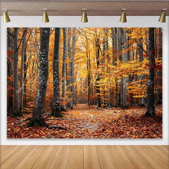 Lofaris Golden Autumn Forest Photography Backdrop with Tall Trees and Path Natural Fall Season Scenery Background for Studio Portrait