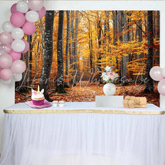 Lofaris Golden Autumn Forest Photography Backdrop with Tall Trees and Path Natural Fall Season Scenery Background for Studio Portrait