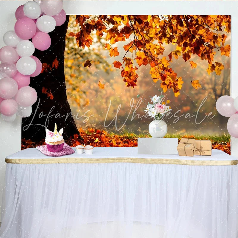 Lofaris Golden Autumn Leaves Photography Backdrop with Tree Trunk and Fallen Foliage Misty Forest Background for Seasonal Portrait