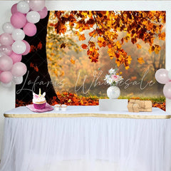 Lofaris Golden Autumn Leaves Photography Backdrop with Tree Trunk and Fallen Foliage Misty Forest Background for Seasonal Portrait